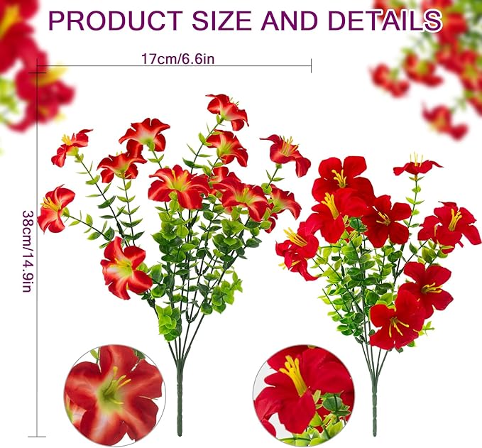 Daynight Faux Petunias Artificial Flowers Plants for Outdoor Plant Decoration,Fake Petunias Realistic Silk Flowers for Porch Yard Garden Window Indoor Decor. (16, Red)