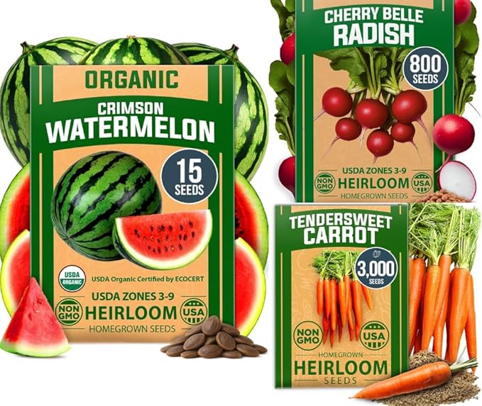 HOME GROWN 𝗨𝗦𝗔 𝗣𝗥𝗘𝗠𝗜𝗨𝗠 𝗢𝗥𝗚𝗔𝗡𝗜𝗖 Watermelon Vegetable Seeds 15 & Cherry Belle Radish 800 & Tendersweet Carrots 3000