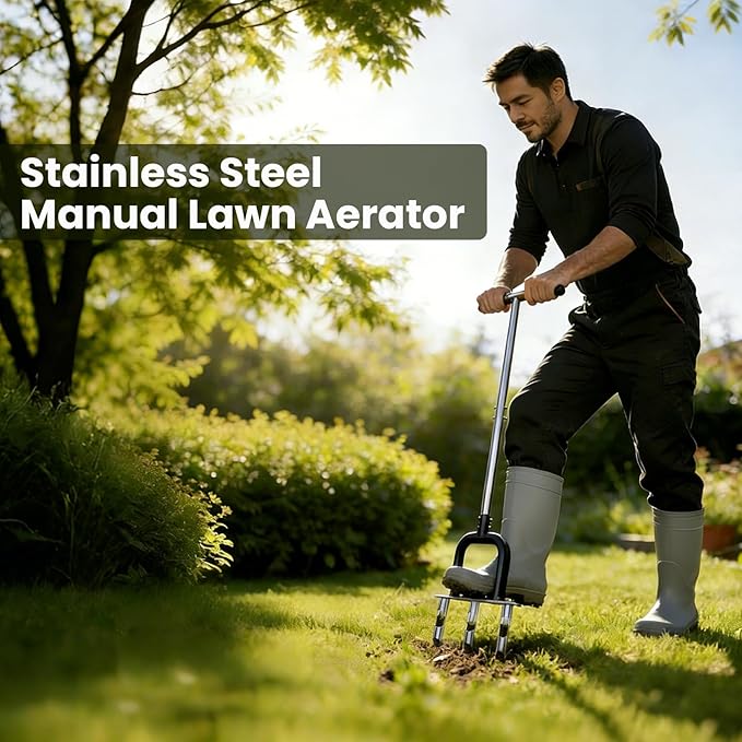 Lawn Aerator, Stainless Steel Lawn Aerator Tool with 3 Hollow Tines, Yard Grass Soil Core Aerator, Manual Lawn Plug Aerators, Core Aeration Tool for Lawn Garden Compacted Soil (Black)