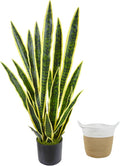 Warmplants Artificial Snake Plant, 3ft Fake Sansevieria with Basket, 35" Fake Mother in Law Plants, Perfect Faux Potted Plant Greenery for Indoor Home Office Store Lifelike Decoration (Yellow)
