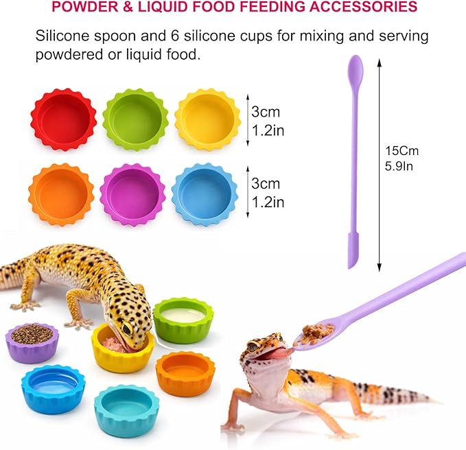 14Pcs Leopard Gecko Tank Accessories Set, Reptile Care Kit with Feeding Tweezers, Silicone Spoon, Hideout, Water Dish & Food Bowls for Leopard Gecko Terrarium