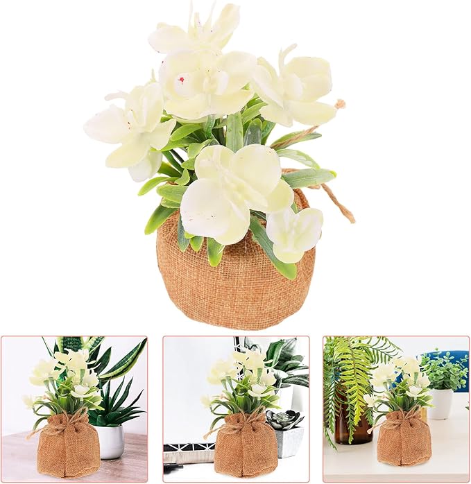 Artificial Phalaenopsis Orchid Flower Potted Plant, Realistic Faux Plastic Orchid Jute Bag, Single Piece Table Centerpiece Home Décor for Living Room Office