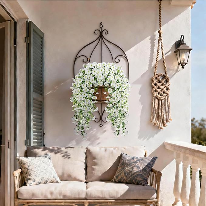 Artificial Hanging Flowers for Outdoors, 4 PCS 600 Blooms UV Resistant Morning Glory Faux Silk Vines, No-Odor Realistic Fake Plants for Garden Planter Porch Patio Decoration, White