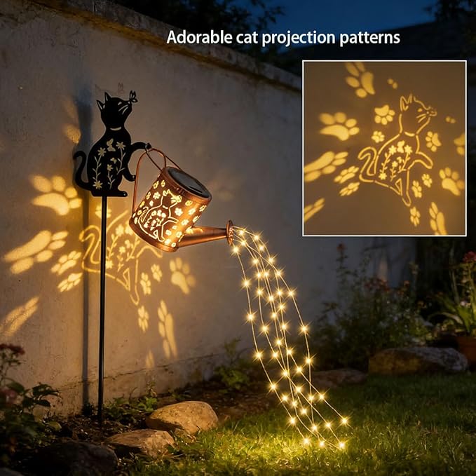 Solar Watering_Can with Lights, Featuring Metal Cat Silhouette Garden Ornament Festive Gift for Women, Waterproof Outdoor Decor for Backyard Paths and Lawn