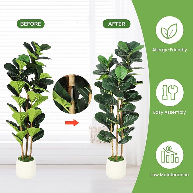 5FT Artificial Fiddle Leaf Fig Tree - Faux Rubber Tree with White Pot - Tall Fake Floor Plant with 56 Leaves - Artificial Plant for Home Decor Indoor Office Living Room