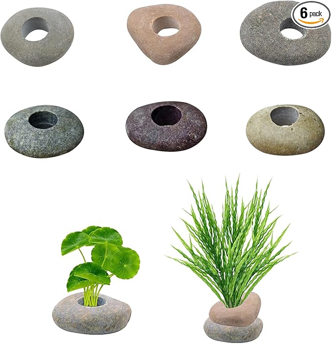 6 Pcs Natural River Stone Plant Weights for Aquarium, Pebble Aquatic Plants Fixed Ring, Aquarium Plant Anchors, Unique Shape & Size for Aquarium Landscape Decoration (0.79'' Hole Diameter)