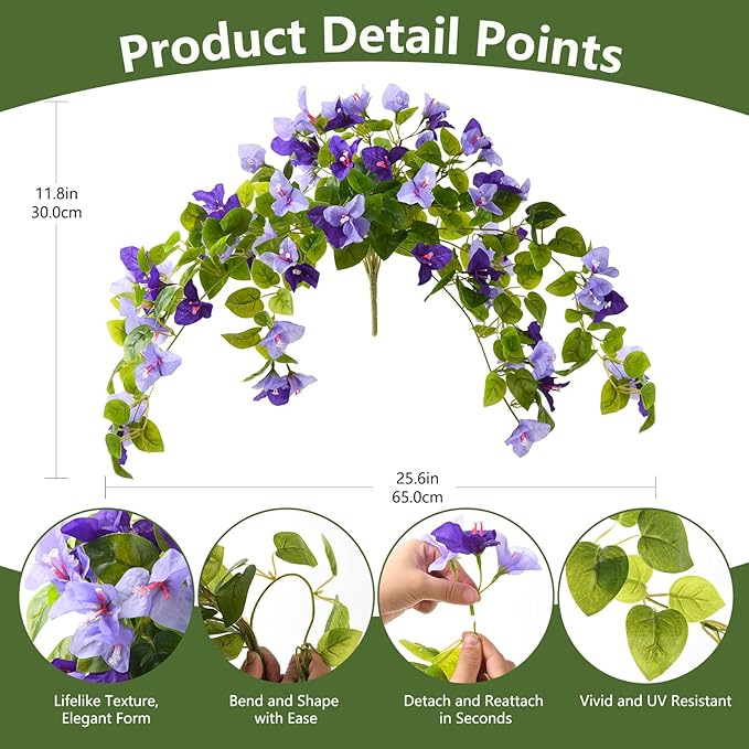Faux Bougainvillea Artificial Flowers Plants for Outdoor Spring Summer Decoration, 2 Pcs Fake Silk Flower Outside UV Resistant Realistic Long Trailing Vines for Home Porch Patio Balcony Yard(Purple)