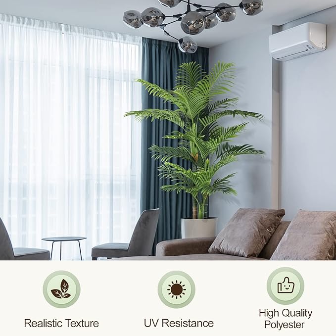 6ft Tall Triple Golden Cane Palm Artificial Tree Large Tropical Palm Tree UV Resistant Fake Plant in Pot for Indoor Outdoor Big House Living Room Outside Patio Office Home Decor (Set of 2)