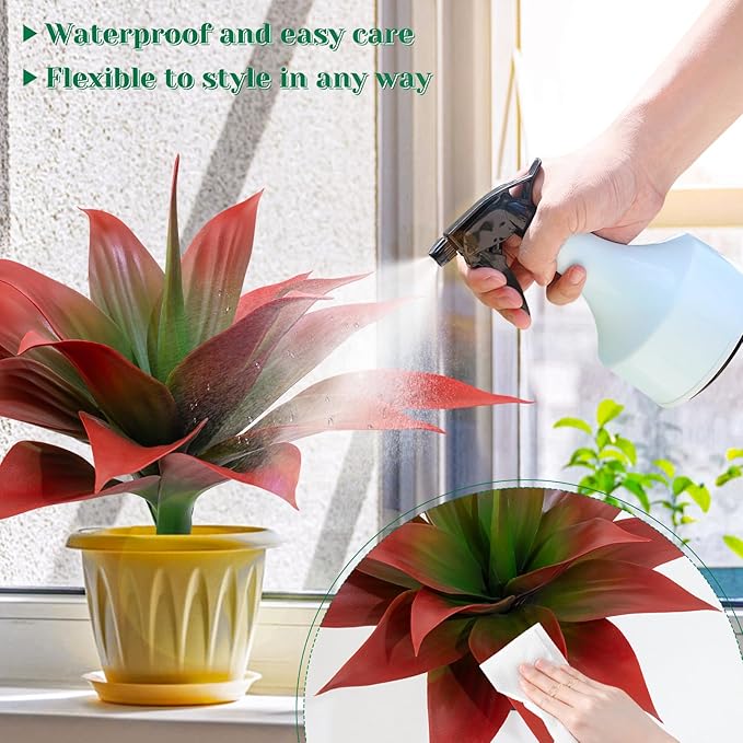 2 Pack 16 Inch Artificial Agave Plant - Large Faux Succulent Steams for Indoor Outdoor Decorating, UV Resistant Realistic Tropical Greenery for Garden Front Porch Aesthetic Decor - 18 Leaves, Red