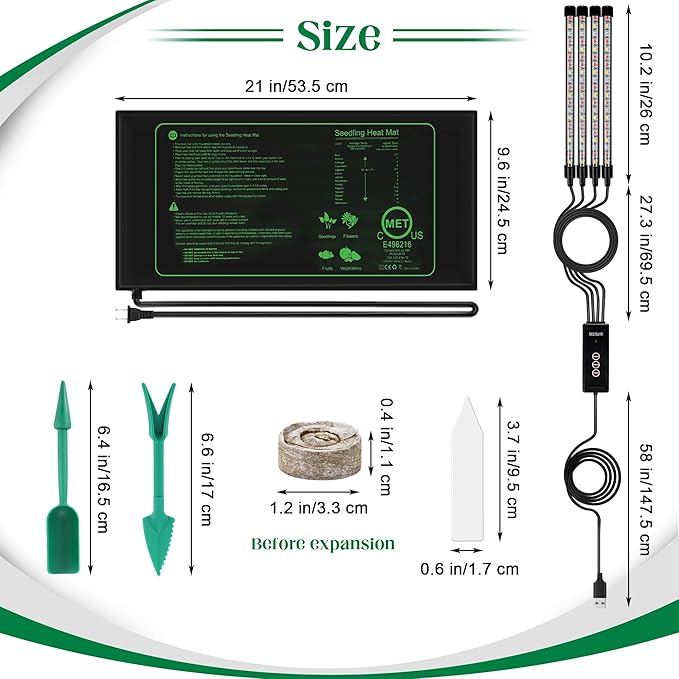 Hahood 2 Set Seed Starter Kit 40-Cell Seed Starter Tray with Grow Light Full Spectrum Seedling Heat Mat 40 Peat Pellets Seed Starting Soil Plant Label Garden Tool for Germination Seeds Growing, Black