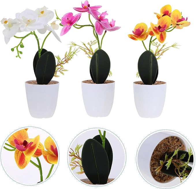 3pcs Artificial Bonsai Orchid Faux Potted Plants in Deep Purple, Pale Green, and Yellow – Realistic 3D Printed Desktop Flower Decorations for Living Room and Office Home Décor