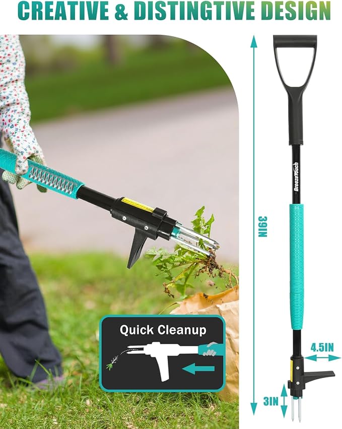 Breeze Touch Weed Puller Tool with Ergonomic D-Handle, 39" Stand Up Weed Puller Tool with Long Handle, Heavy Duty 3-Claw Dandelion Weed Puller & Root Remover for Lawn & Garden