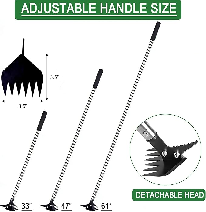 BARAYSTUS Weed Puller 61" Adjustable Long Handle, 2-in-1 Weed Rake & Crack Weeder with Detachable Head, Stainless Steel Weeding Tool for Lawn, Yard, Garden & Sidewalk Cracks, Weed Remover