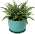 MyGift 7 Inch Round Turquoise Ceramic Plant Pot with Drainage Hole and Attached Saucer, Modern Decorative Embossed Sunburst Planter Container for Indoor Home Garden