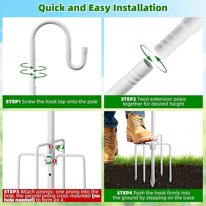 78" White Shepherds Hooks for Outdoor, Bird Feeder Pole with 5 Prong Base, Adjustable Height Shepherds Hook for Hummingbird Feeder, Bird Feeder, Lightweight Plant, Wind Chimes, Lanterns (1 Pack)