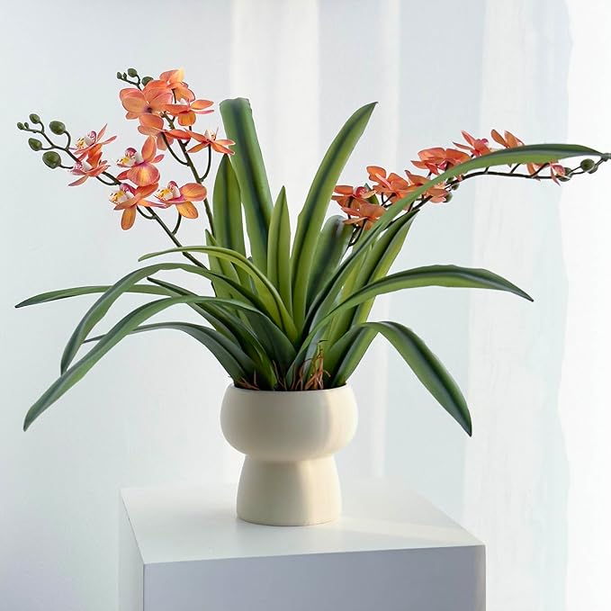 Set of 3pcs Real Touch Artificial Cymbidium Plants with Stems and Roots and 2pcs Orchid Flowers for Pot or Vase, Faux Orchid Stems That Look Real for Indoor Home Office Decor (Grn and YEL)
