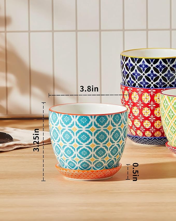 Metahom Succulent Ceramic Pots, 3.8 Inch Small Plant Pots with Drainage Hole & Saucer, Flower Planter Pot for Houseplants, Cacti, Home Decor, Set of 4, Vibrant Colors