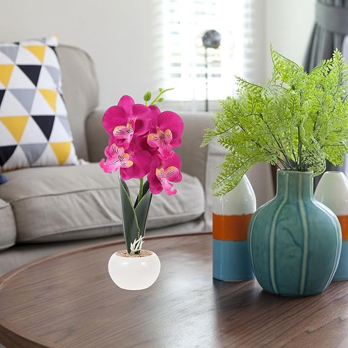 Ciieeo Artificial Phalaenopsis Flowers Desktop Decor 2pcs, Simulation Plants Bonsai with Four-Head White-Green and Purple Orchid for Living Room and Office Table Display