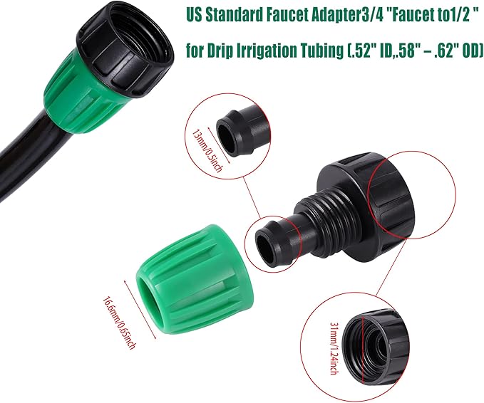 33 FT 1/2 Inch Drip Irrigation Tubing Main Line Hose Tube 1/2''PVC Garden Irrigation Tubing (OD:16mm,ID:12mm) with Drip Connector (Ends Plug,Hose Adapter) for Garden Drip Irrigation System