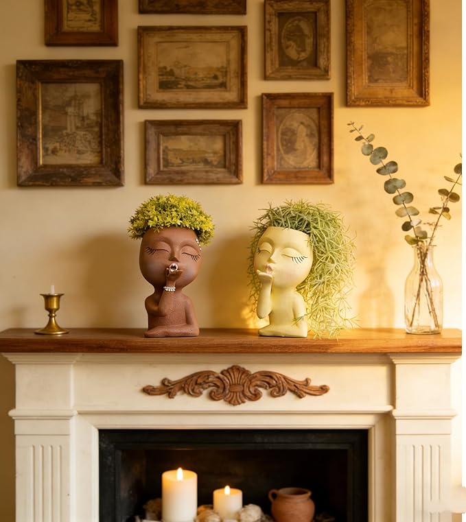 Head Face Planters, Kissing Girl Flowerpot, Lady Head Flower Pot, Female Kiss Faces Small Resin Art Succulent Pots for Indoor Outdoor Plants, Beige