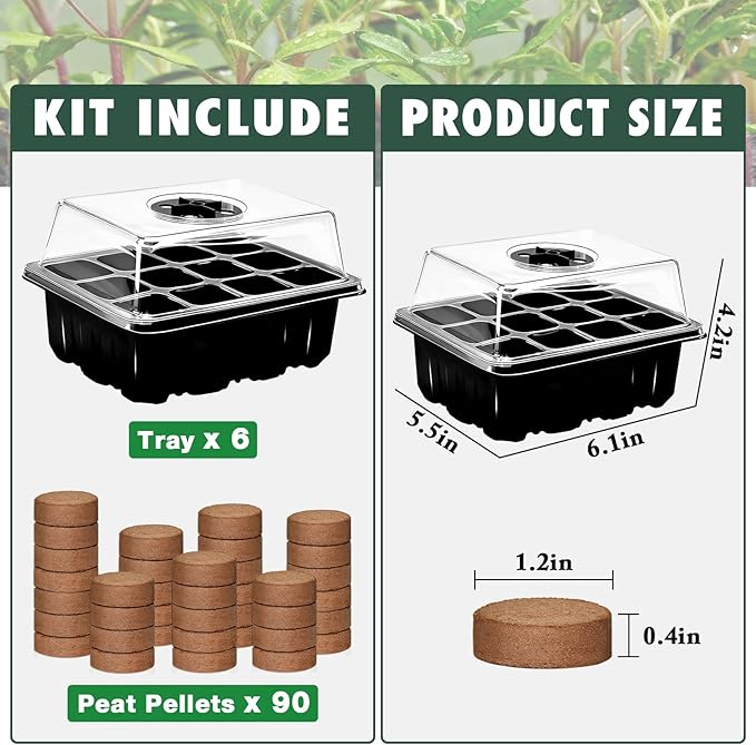 ZeeDix 6 Set Seed Starter Tray Kits, 6 Pack Seed Trays with 90 Pack Coco Coir Pellets, Adjustable Humidity Germination Tray with Dome Lids for Indoor Plants, Mini Greenhouse for Vegetables Garden