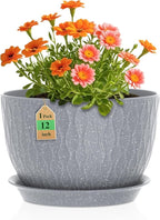 WSMKSZ 12 Inch Wide Water Ripples Flower Pots for Indoor or Outdoor Plants, Large Plant Pots with Drainage Holes & Saucer, Plastic Planters Set for Garden & Home Decor (Grey with White Speckles)