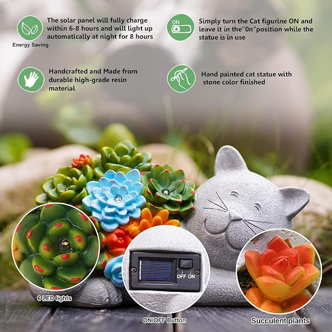 Qeeman Garden Solar Cat Statues: Outdoor Figurine Decor Ornaments for Patio Art Balcony Yard Lawn - Birthday Gifts for Mom Grandma Women