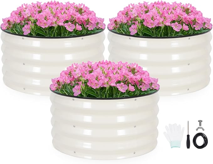 INNO STAGE 3 Pcs Round Galvanized Raised Garden Bed — 2×2×1ft Planter Box Outdoor Raised Beds Kit for Gardening Vegetables, Fruits, Herbs, and Flowers, White