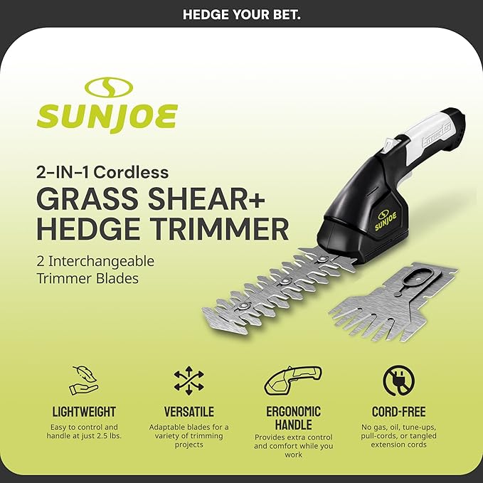 Sun Joe HJ604C Cordless Grass Shears and Hedge Trimmer, 2-in-1 Handheld Shrub Trimmer, 7.2V Lithium-Ion Battery, 1250 RPM Steel Blades, Charger Included