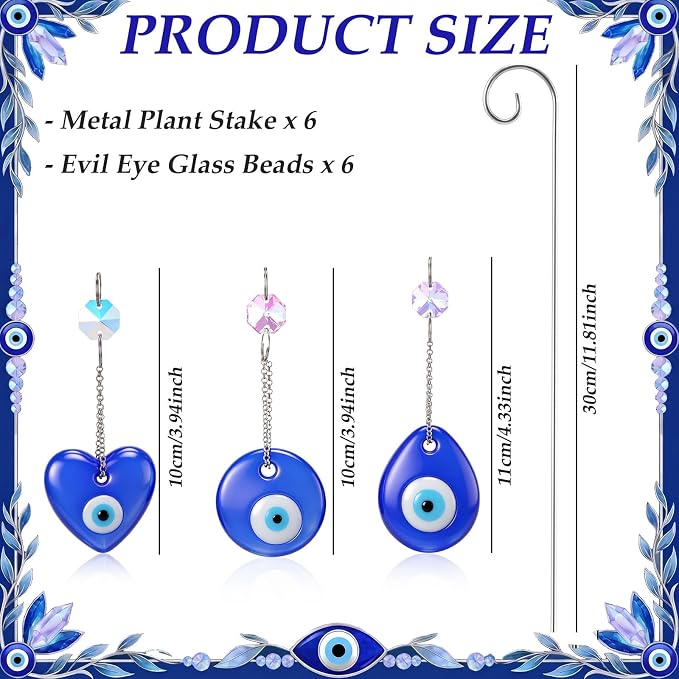 6 Pack Plant Trellis for Potted Plants with Evil Eye Glass Suncatcher 11.81 inch Metal Plant Stake for Indoor Outdoor Garden Suncatchers Decorations