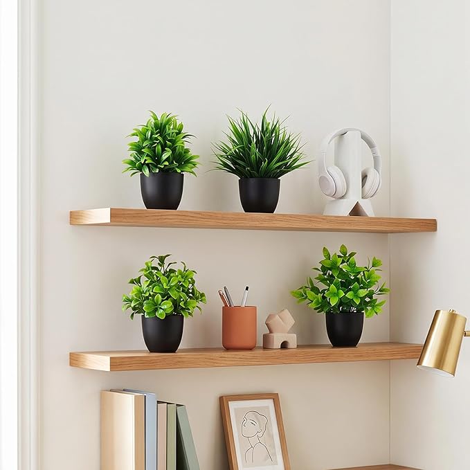 4 Pack Fake Plants Small Artificial Potted Plants for Home Office Desk Decor, Mini Faux Greenery with Black Pots, Assorted Artificial Grass & Leaf Plants for Indoor Shelf Bathroom Kitchen Decoration