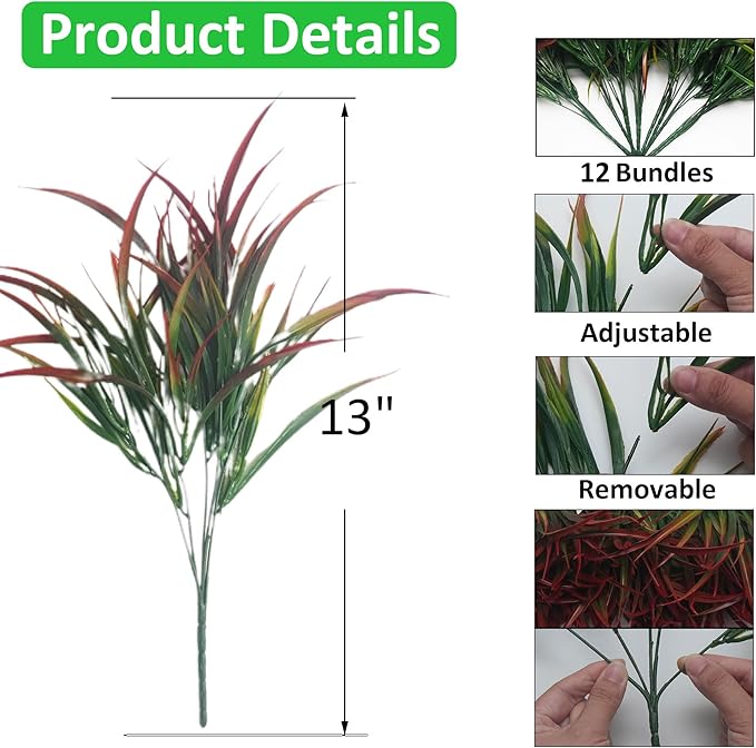 12 Bundles Fake Fall Outdoor Plants Artificial Grass Fall Stems Faux Plastic Fall Shrubs for Home Garden Pathway Window Box Front Porch Cemetery Fall Decor, Autumn Red