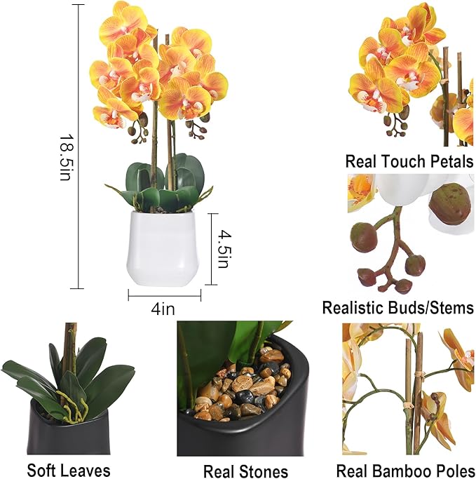 Orchids Artificial Plant in Ceramic Pot 18.5" Faux Orchid Phalaenopsis Flowers Arrangement for Home Office Table Centerpiece Indoor Decor, Orange