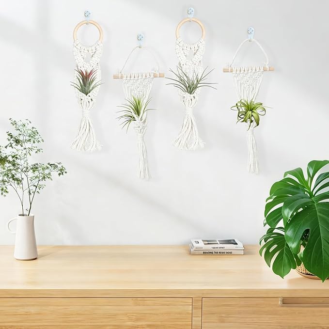 Belit 4 Pack Air Plants Holders, Wall Hanging Air Fern Stand, Macrame Plant Hanger with 4 Hooks for Home Decoration (NO Plant Included)