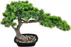 15in Artificial Bonsai Tree – Juniper Faux Pine Plant | Indoor Fake Decor with Black Plastic Pot for Home, Office Desk, Table, Shelf, Bedroom & Living Room (Green)