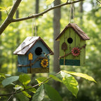DoubleFill 2 Pcs Birdhouses for Outdoor Hanging Yard Outside Wooden Birdhouse Hand Painted Bird Box for Bird Lovers Bluebird Tree Garden Decor Decorative Birdhouse(Red,Blue,Wooden Roof)