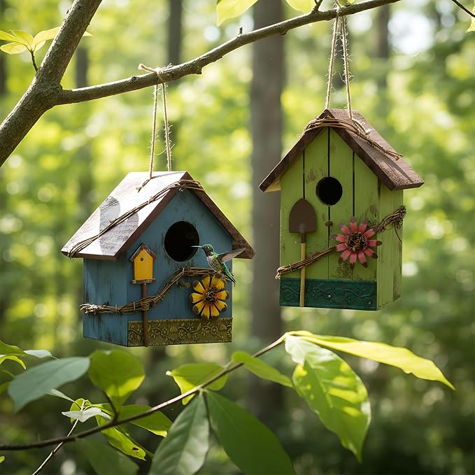 DoubleFill 2 Pcs Birdhouses for Outdoor Hanging Yard Outside Wooden Birdhouse Hand Painted Bird Box for Bird Lovers Bluebird Tree Garden Decor Decorative Birdhouse(Red,Blue,Wooden Roof)