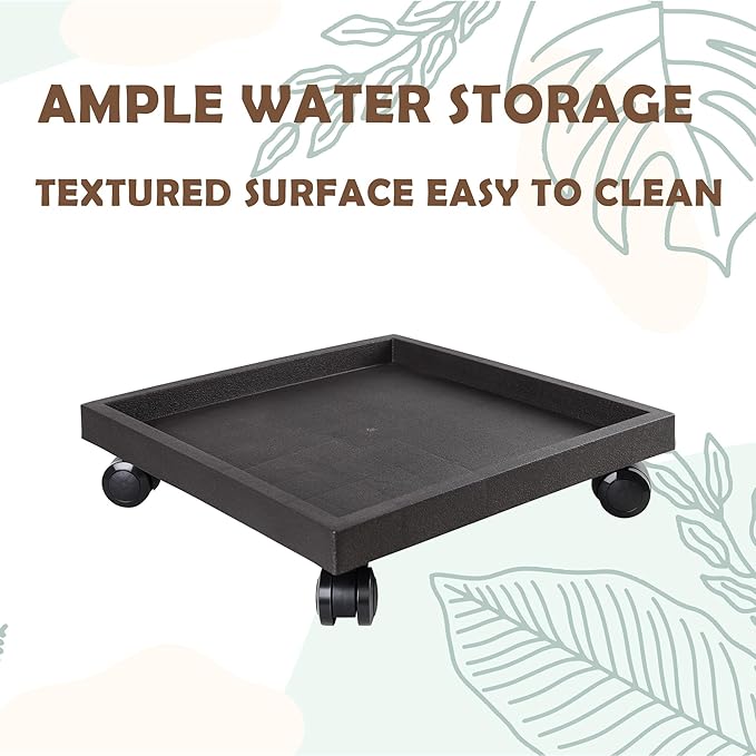 11.4 Inch Square Rolling Plant Caddy Saucer with Wheels, Heavy Duty Wheeled Planter Stand for Potted Plant, Coaster Roller Base Tray with Casters, Flower Pot Dolly Holder for Indoor Outdoor
