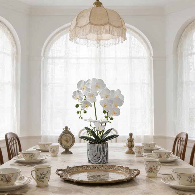 White 16.5'' Fake Orchids Flowers in Pot Bendable Faux Orchids Artificial Flowers Washable Silk Orchid Phalaenopsis Decor for Home Wedding Table Centerpiece Bathroom Office