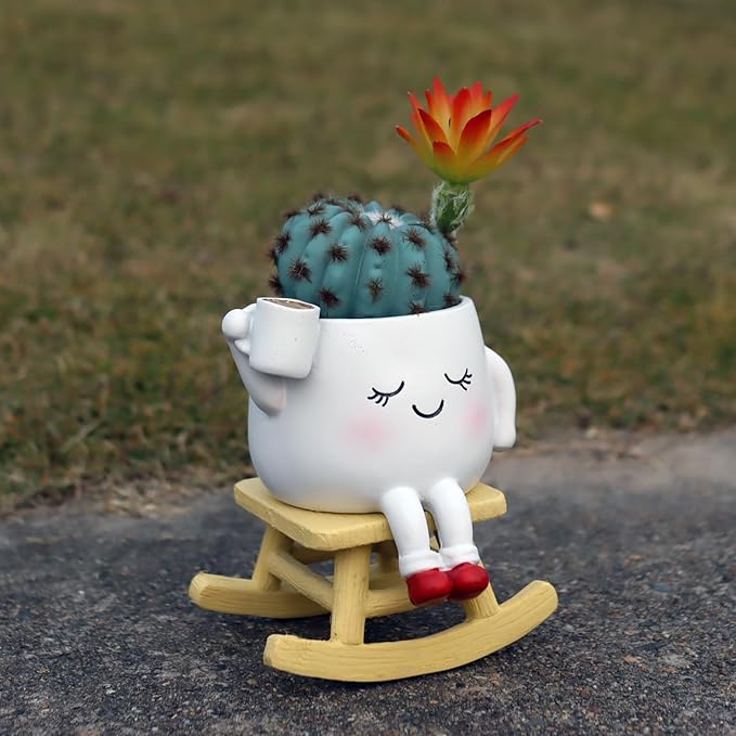 Dolkgy Cute Plant Pots Head Planters, Unique Rocking Chair Drinking Coffee Girl Face Vase, Decorative Cactus Succulent Flower Pots, Gifts for Plant Lovers