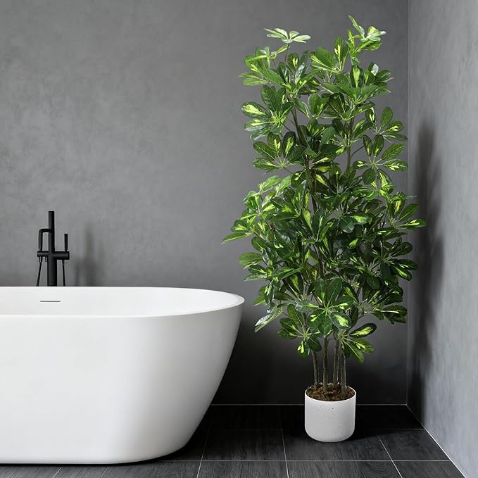 Garvee Artificial Umbrella Tree Plant, 4 ft Tall Faux Schefflera Tree in Black Pot, Large Fake Potted Decorative Plant for Indoor Home Office Decor, Housewarming Gift
