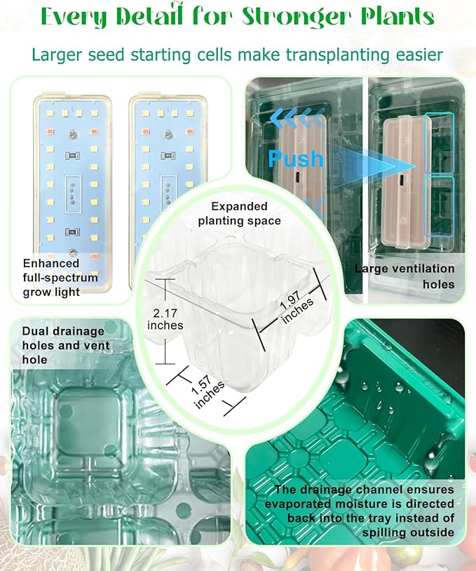 Seed Starter Tray with Grow Light (4x 24-LED), 4 Pack 48-Cell Seed Starter Kit with Humidity Domes and Timing Controller, Adjustable Brightness, Reusable Thicken Seedling Starter Tray Germination Kit