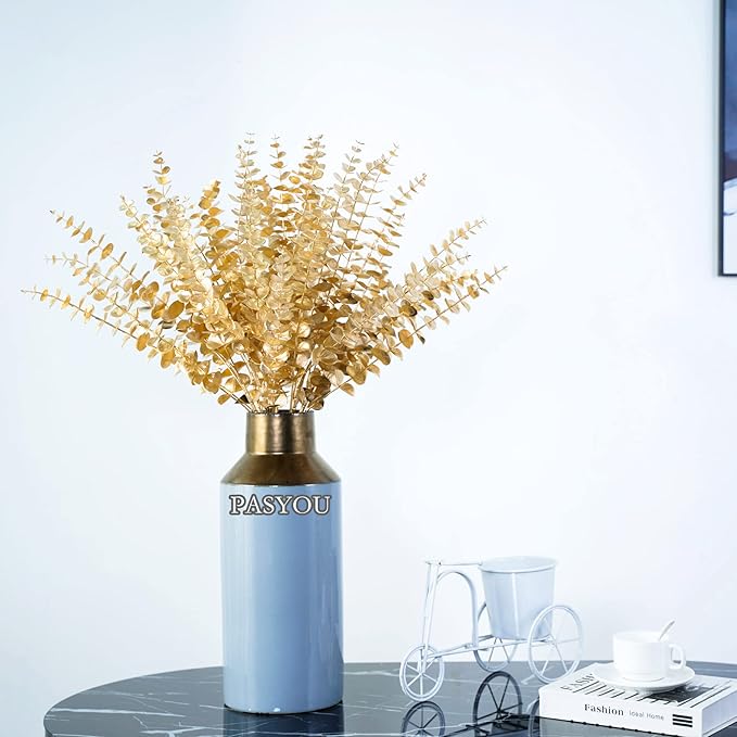 PASYOU Artificial Plants for Christmas Decor, Fake Gold Eucalyptus Plastic Grass Pick Shrubs Leaves Indoor Outdoor Home Garden Party Hotel Wedding Event Faux Table Decoration - 20 Inch Golden 10 Pack