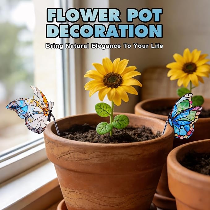 Flower Pot Decoration, 2Pcs Acrylic 2D Butterfly Plant Pot Hugger, 4.6 Inch Stained Butterfly Garden Stake Ornament Insert Decor for Indoor Patio (B)