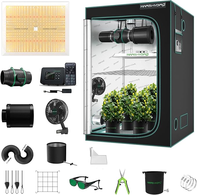 MARS HYDRO 4x4 Smart Grow Tent Kit with WiFi-Integrated Controller 43,300W TSW2000 LED Programmable&Dimmable Grow Light,48"x48"x80" 1680D High Reflective Mylar,6 inch Automatic Ventilation System