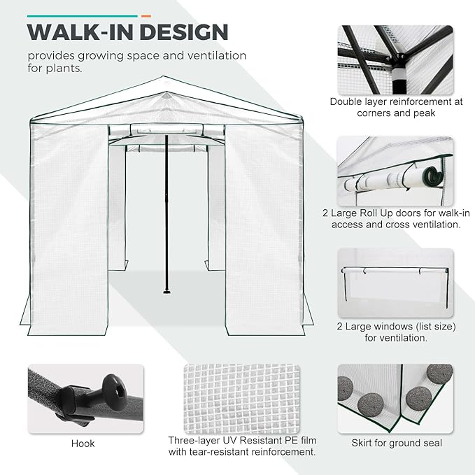 EAGLE PEAK 12x8 Portable Walk in Greenhouse, Pop Up Indoor Outdoor Greenhouse, Green House Kit with Zippered Roll-Up Doors, Windows + Support Pole, PE Cover, Clear/White