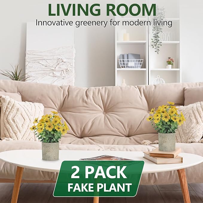 2 Pack Small Fake Plants Potted Artificial Plants Artificial Flowers Potted Faux Flower Daisy with Eucalyptus Leaves for Home Decor Office Room Farmhouse Indoor Table Bathroom Decor（Yellow）