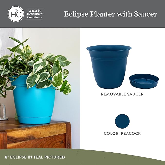 The HC Companies 10 Inch Eclipse Round Planter Pots with Drainage Holes & Attached Saucer, Lightweight UV-Resistant Plastic Indoor Outdoor Planters, 2-Pack Flower Pots for Garden & Home Decor, Peacock