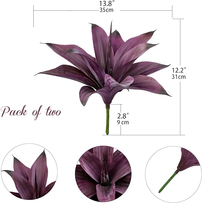 Fake Plants Artificial Agave Plants Indoor, UV Resistant Fake Agave Planters Outdoor Decorating Artificial Plants for Outdoors Decor Agave (2 Pack, 12.6' Purple) Spring Decorations for Home