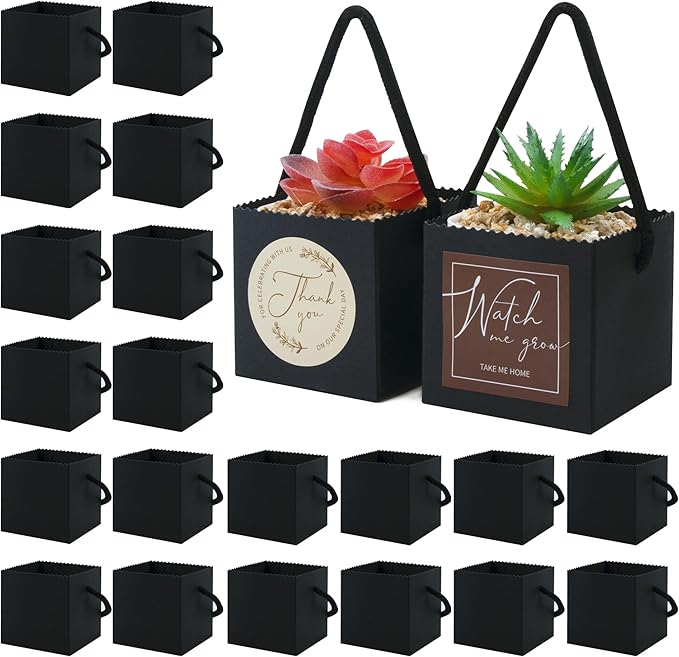 Temlum 2.5 Inch Succulent Wrap Bags (Fits 2.5″ Pots) with Thank You & Watch Me Grow Stickers, Small Gift Box for Wedding, Baby Shower, Succulent Party Favors for Guests (Black 40pcs)